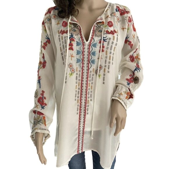 Johnny Was Tops - Johnny Was Autumn Bloom Embroidered Front Ties Long Sleeve Peasant Tunic Small